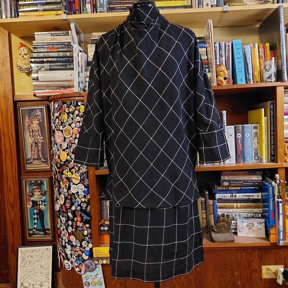 Vintage 1980s mod black and white grid midi dress